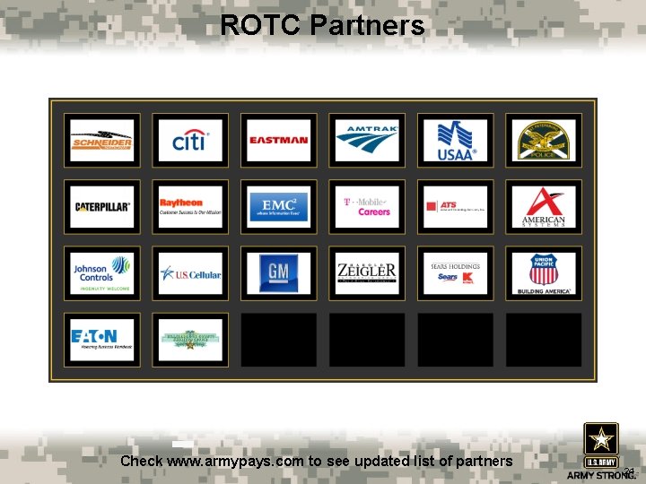 ROTC Partners Check www. armypays. com to see updated list of partners 24 