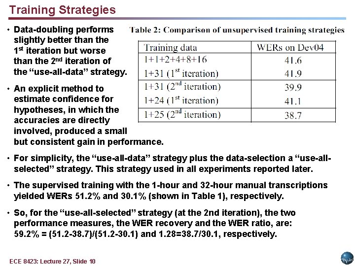 Training Strategies • Data-doubling performs slightly better than the 1 st iteration but worse