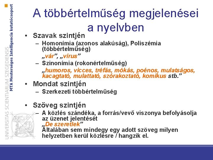 A többértelműség megjelenései a nyelvben • Szavak szintjén – Homonímia (azonos alakúság), Poliszémia (többértelműség)