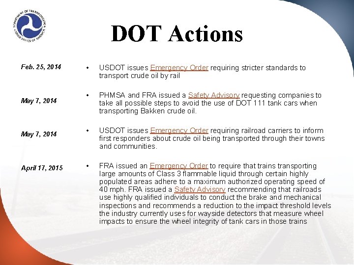 DOT Actions Feb. 25, 2014 May 7, 2014 April 17, 2015 • USDOT issues