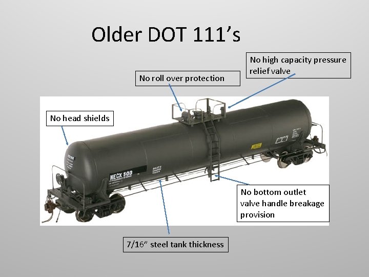 Older DOT 111’s No roll over protection No high capacity pressure relief valve No