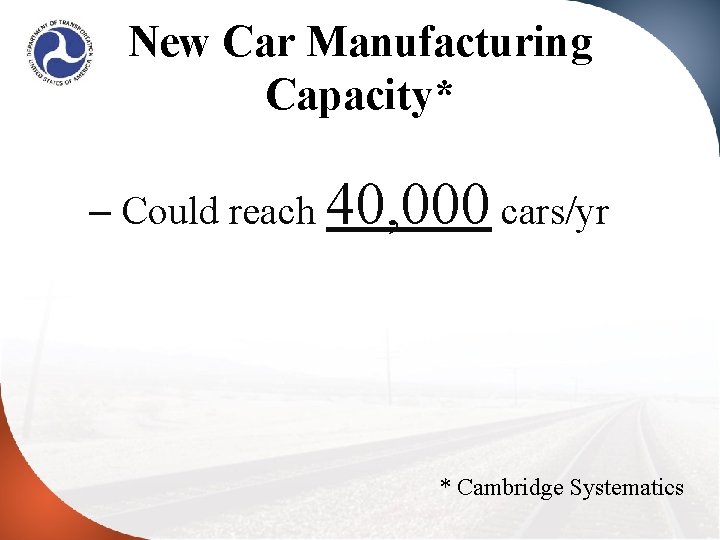 New Car Manufacturing Capacity* – Could reach 40, 000 cars/yr * Cambridge Systematics 