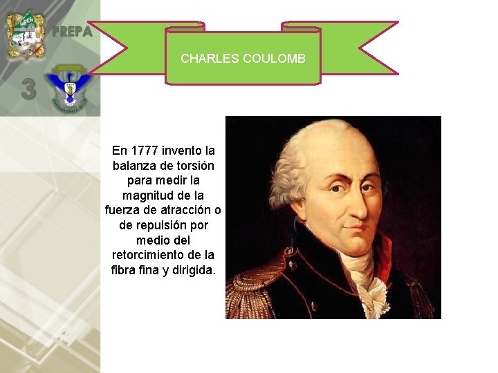 CHARLES COULOMB En 1777 invento la balanza de torsión para medir la magnitud de