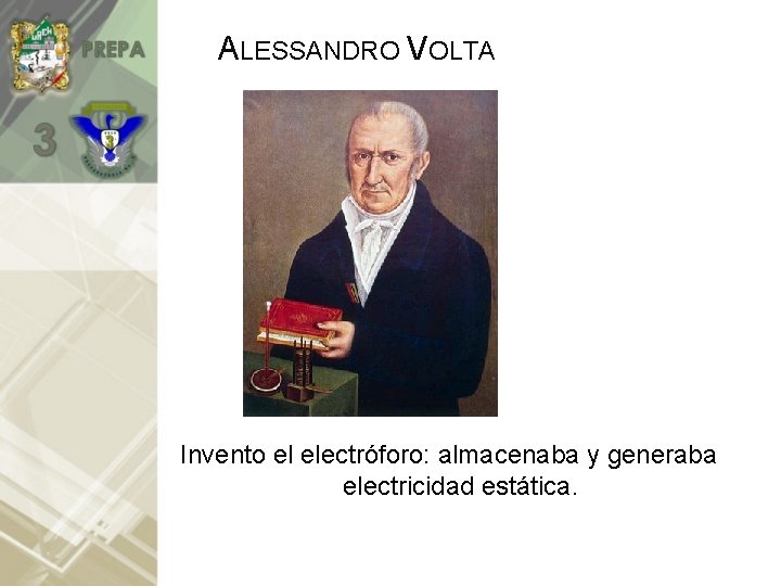 ALESSANDRO VOLTA Invento el electróforo: almacenaba y generaba electricidad estática. 