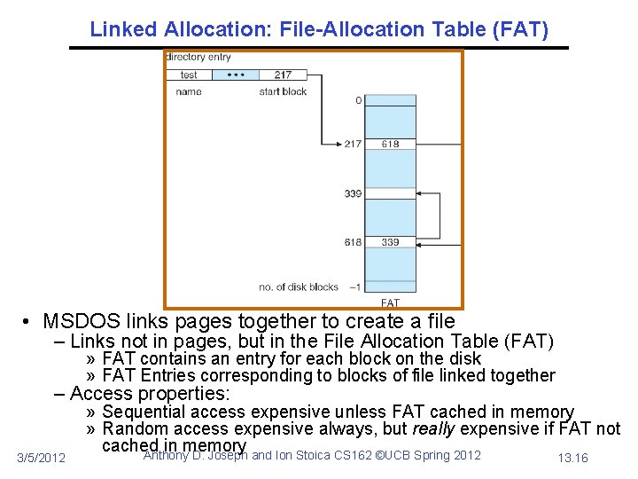 Linked Allocation: File-Allocation Table (FAT) • MSDOS links pages together to create a file