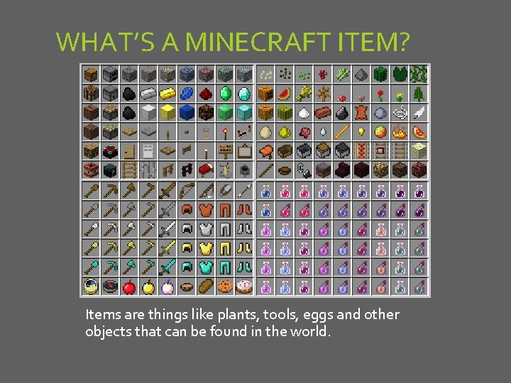 WHAT’S A MINECRAFT ITEM? Items are things like plants, tools, eggs and other objects