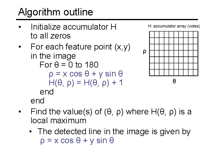 Algorithm outline • Initialize accumulator H to all zeros • For each feature point Algorithm outline • Initialize accumulator H to all zeros • For each feature point