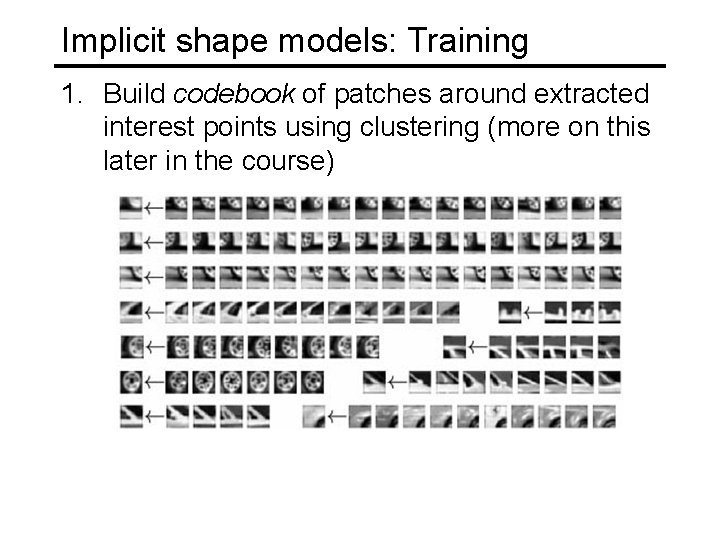 Implicit shape models: Training 1. Build codebook of patches around extracted interest points using Implicit shape models: Training 1. Build codebook of patches around extracted interest points using