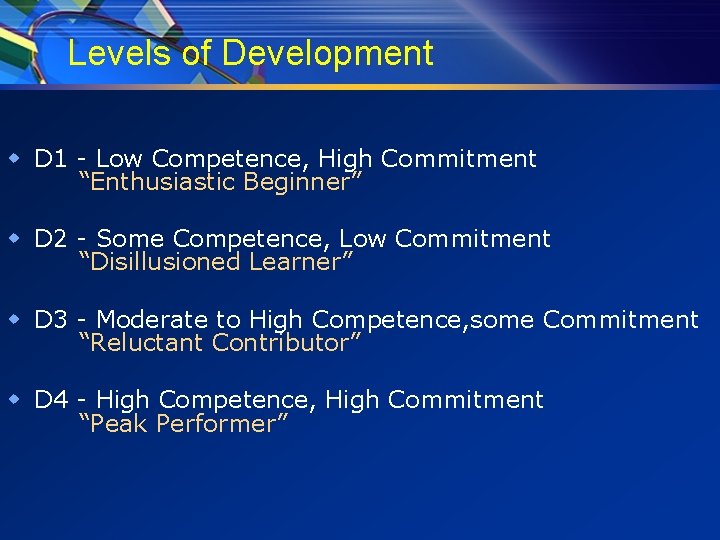 Levels of Development w D 1 - Low Competence, High Commitment “Enthusiastic Beginner” w