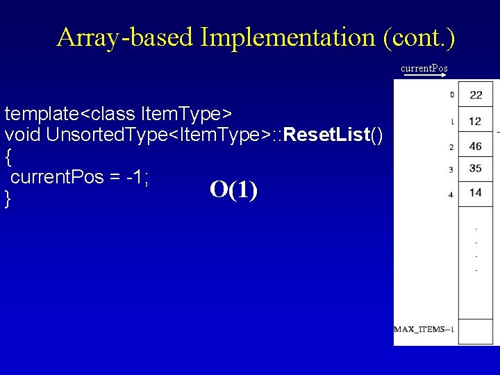 Array-based Implementation (cont. ) current. Pos template<class Item. Type> void Unsorted. Type<Item. Type>: :