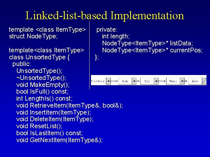 Linked-list-based Implementation template <class Item. Type> private: int length; struct Node. Type; Node. Type<Item.