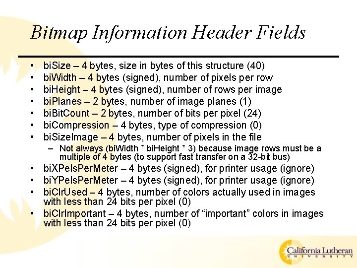 Bitmap Information Header Fields • • bi. Size – 4 bytes, size in bytes