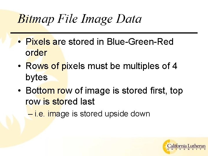 Bitmap File Image Data • Pixels are stored in Blue-Green-Red order • Rows of
