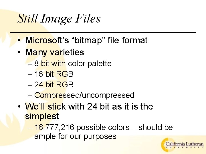 Still Image Files • Microsoft’s “bitmap” file format • Many varieties – 8 bit