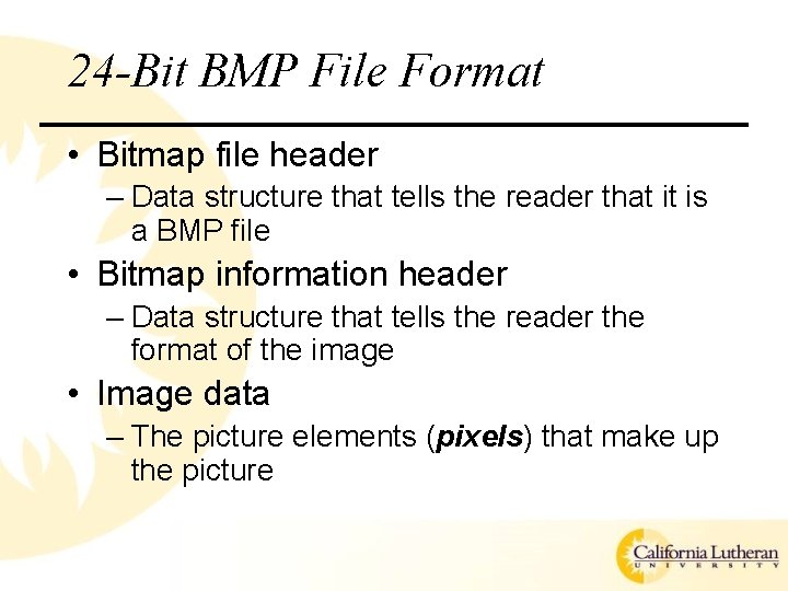 24 -Bit BMP File Format • Bitmap file header – Data structure that tells