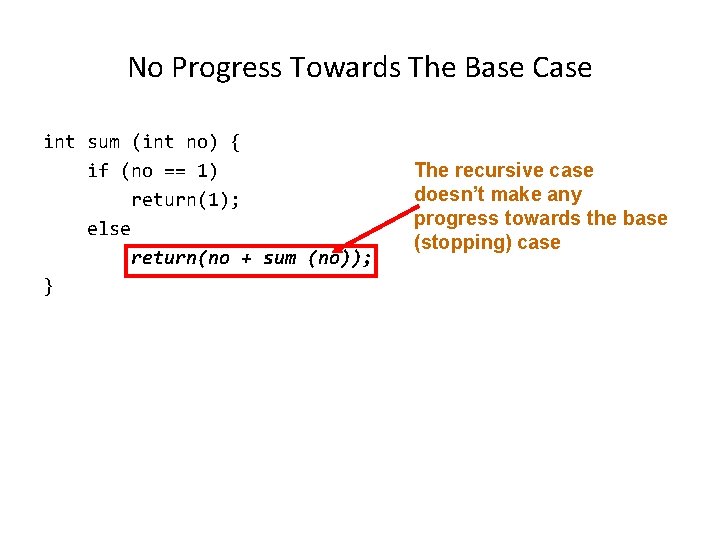 No Progress Towards The Base Case int sum (int no) { if (no ==