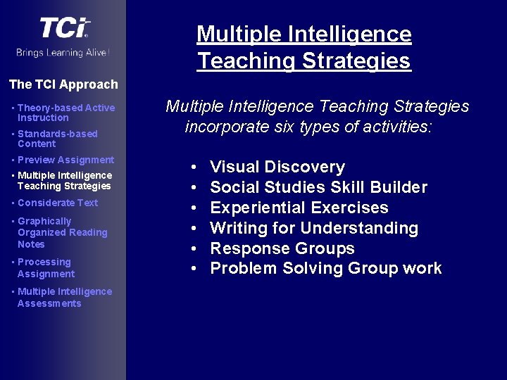 Multiple Intelligence Teaching Strategies The TCI Approach • Theory-based Active Instruction • Standards-based Content