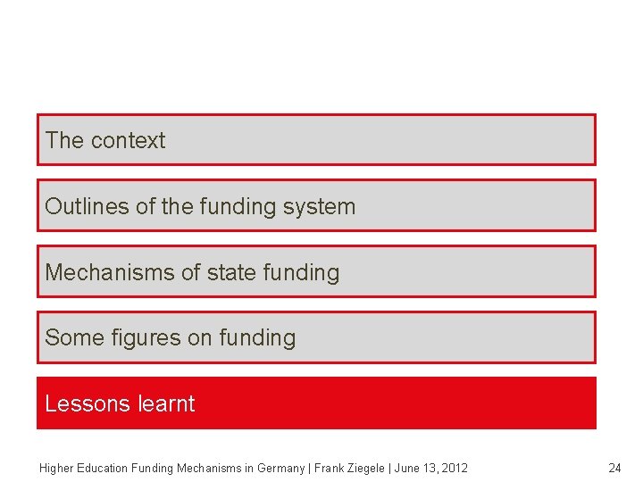 Agenda The context Outlines of the funding system Mechanisms of state funding Some figures