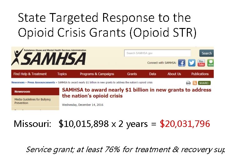 State Targeted Response to the Opioid Crisis Grants (Opioid STR) Missouri: $10, 015, 898