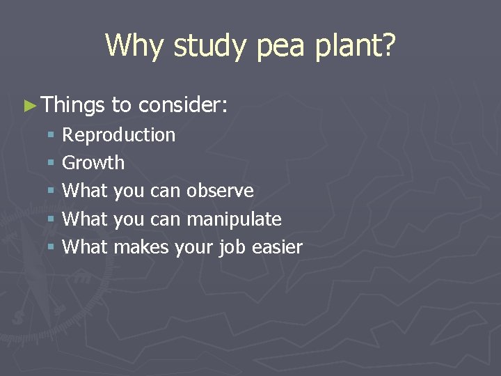 Why study pea plant? ► Things to consider: § Reproduction § Growth § What