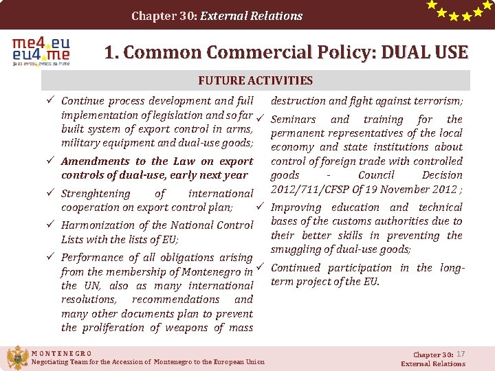 Chapter 30: External Relations 1. Common Commercial Policy: DUAL USE FUTURE ACTIVITIES ü Continue