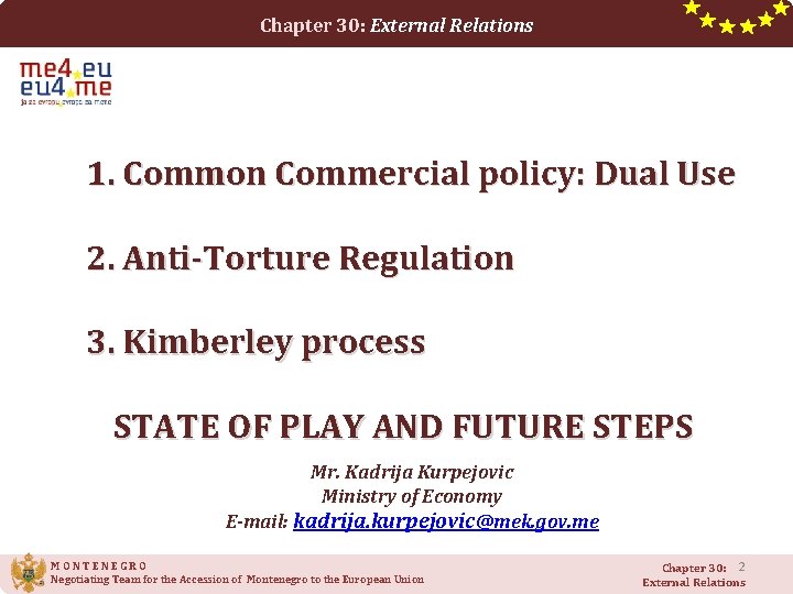 Chapter 30: External Relations 1. Common Commercial policy: Dual Use 2. Anti-Torture Regulation 3.