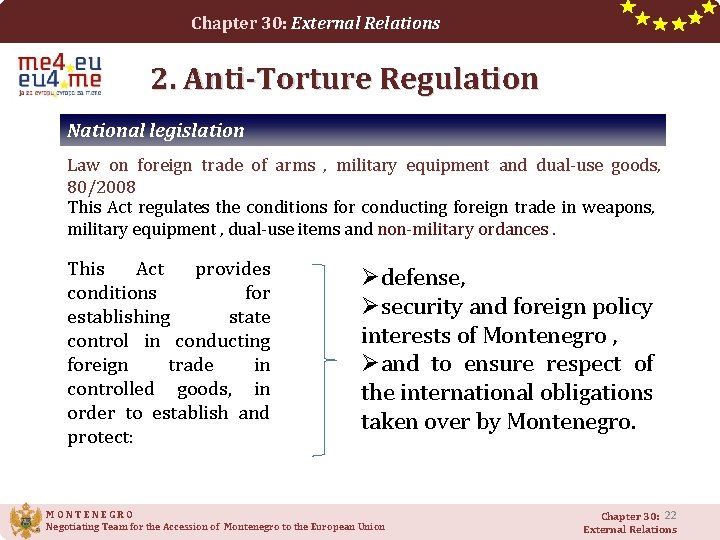 Chapter 30: External Relations 2. Anti-Torture Regulation National legislation Law on foreign trade of