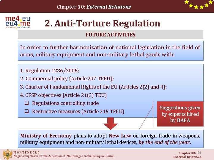 Chapter 30: External Relations 2. Anti-Torture Regulation FUTURE ACTIVITIES In order to further harmonization