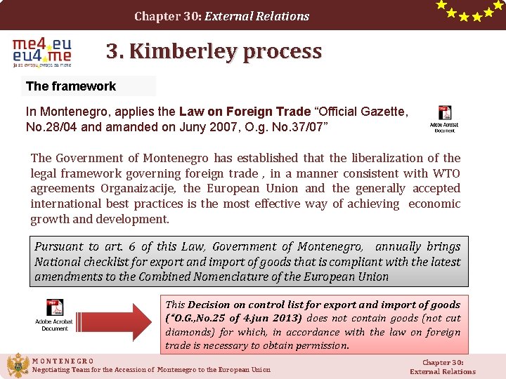 Chapter 30: External Relations 3. Kimberley process The framework In Montenegro, applies the Law