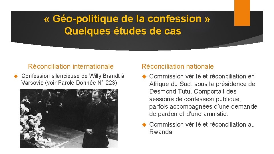  « Géo-politique de la confession » Quelques études de cas Réconciliation internationale Confession