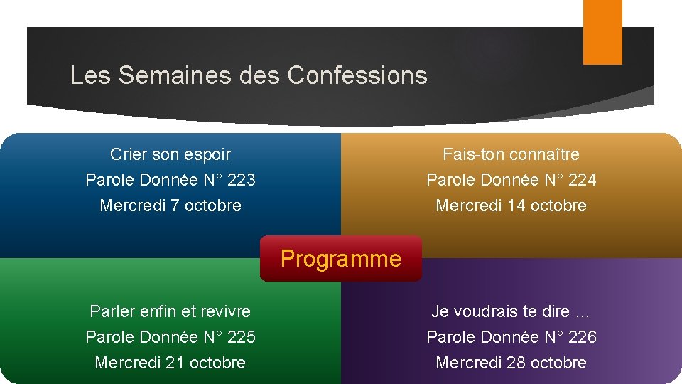 Les Semaines des Confessions Crier son espoir Fais-ton connaître Parole Donnée N° 223 Mercredi