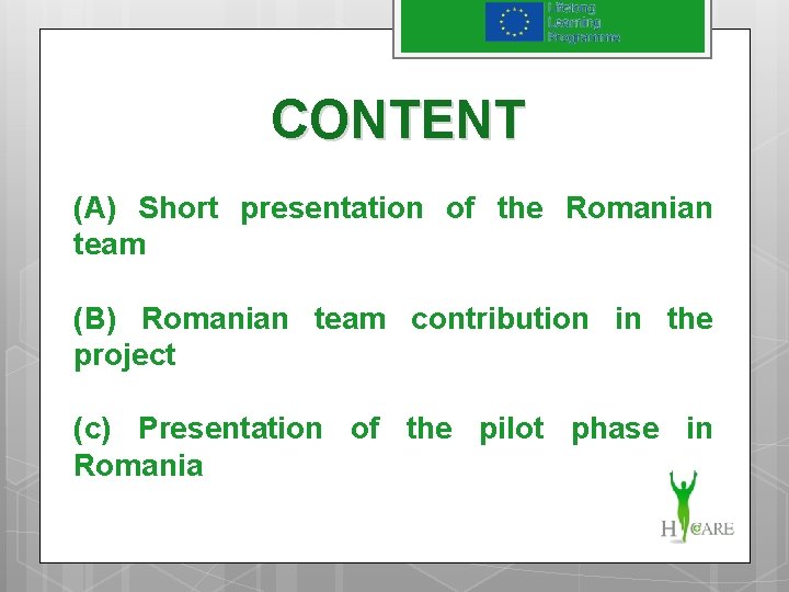 CONTENT (A) Short presentation of the Romanian team (B) Romanian team contribution in the