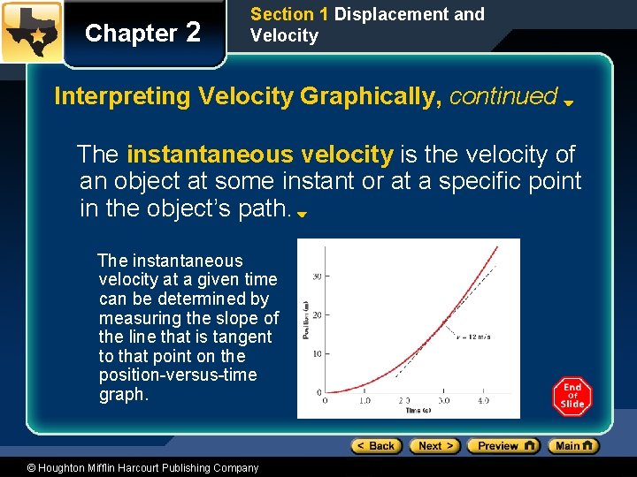 Chapter 2 Section 1 Displacement and Velocity Interpreting Velocity Graphically, continued The instantaneous velocity