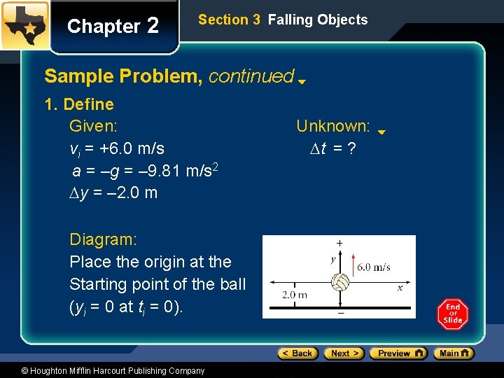 Chapter 2 Section 3 Falling Objects Sample Problem, continued 1. Define Given: vi =