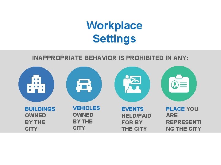 Workplace Settings INAPPROPRIATE BEHAVIOR IS PROHIBITED IN ANY: BUILDINGS OWNED BY THE CITY VEHICLES