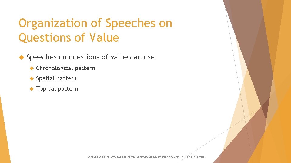 Organization of Speeches on Questions of Value Speeches on questions of value can use: Organization of Speeches on Questions of Value Speeches on questions of value can use: