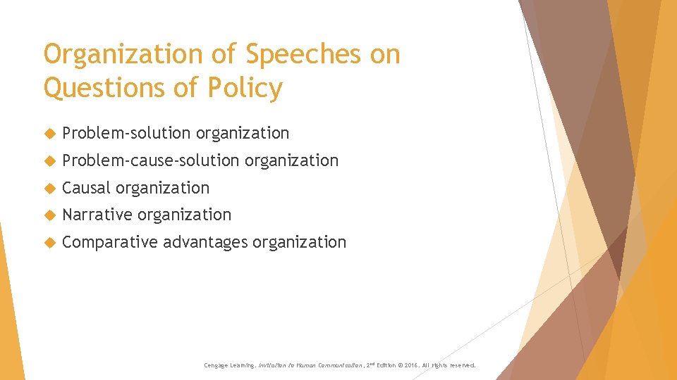 Organization of Speeches on Questions of Policy Problem-solution organization Problem-cause-solution organization Causal organization Narrative Organization of Speeches on Questions of Policy Problem-solution organization Problem-cause-solution organization Causal organization Narrative