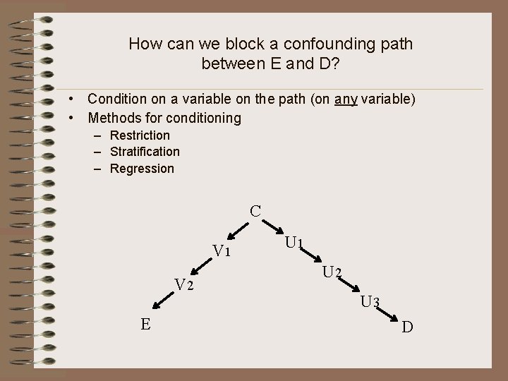How can we block a confounding path between E and D? • Condition on