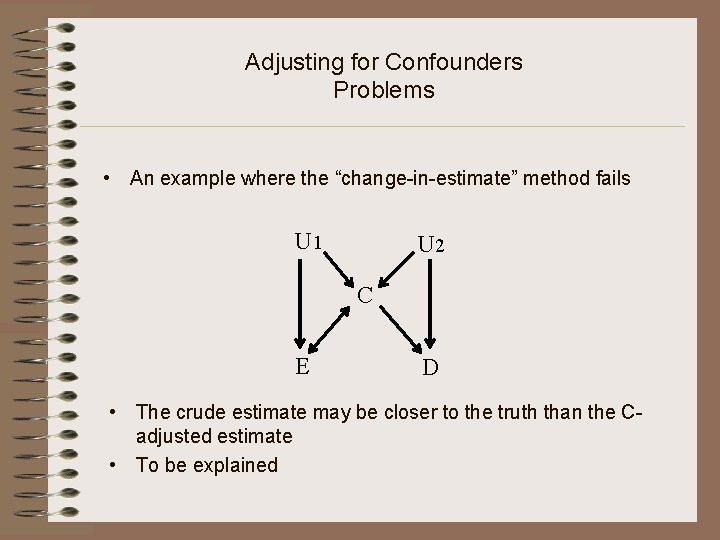 Adjusting for Confounders Problems • An example where the “change-in-estimate” method fails U 1