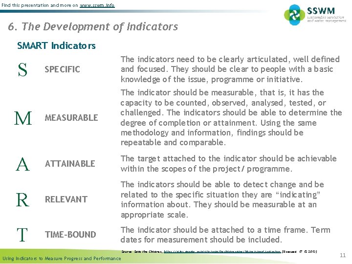 Find this presentation and more on www. sswm. info 6. The Development of Indicators