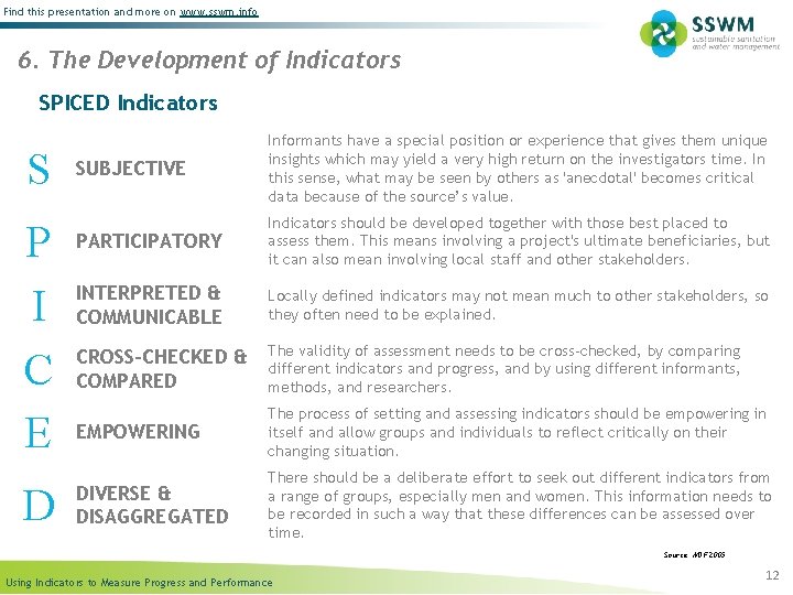 Find this presentation and more on www. sswm. info 6. The Development of Indicators