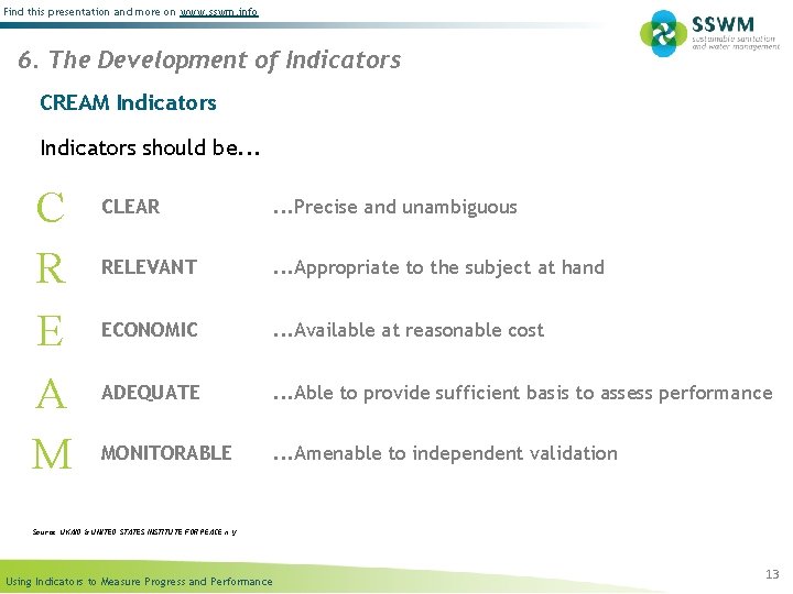 Find this presentation and more on www. sswm. info 6. The Development of Indicators