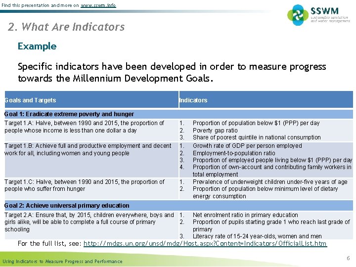 Find this presentation and more on www. sswm. info 2. What Are Indicators Example