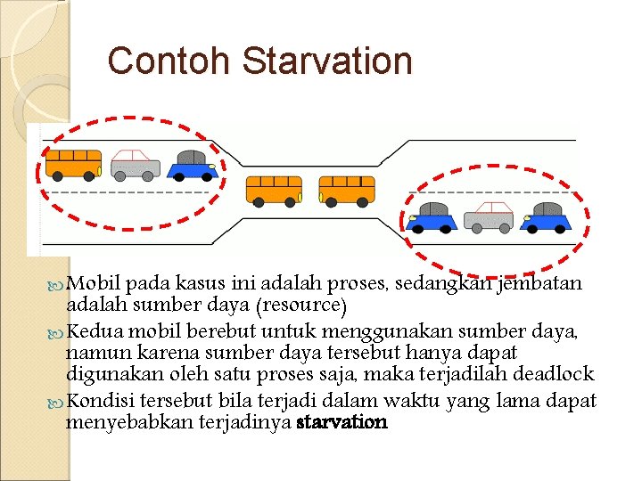 Contoh Starvation Mobil pada kasus ini adalah proses, sedangkan jembatan adalah sumber daya (resource)