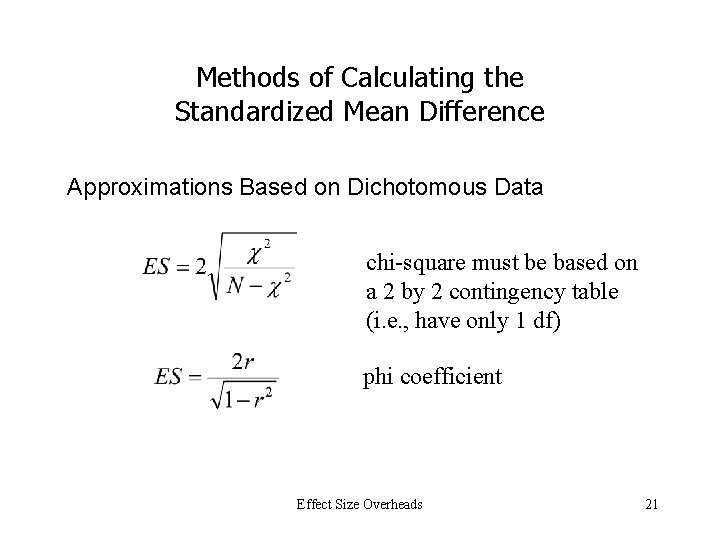 Methods of Calculating the Standardized Mean Difference Approximations Based on Dichotomous Data chi-square must