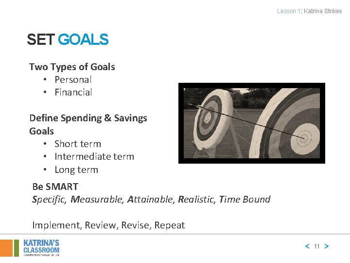Lesson 1: Katrina Strikes SET GOALS Two Types of Goals • Personal • Financial