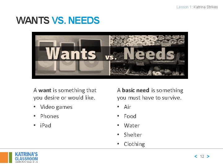 Lesson 1: Katrina Strikes WANTS VS. NEEDS A want is something that you desire