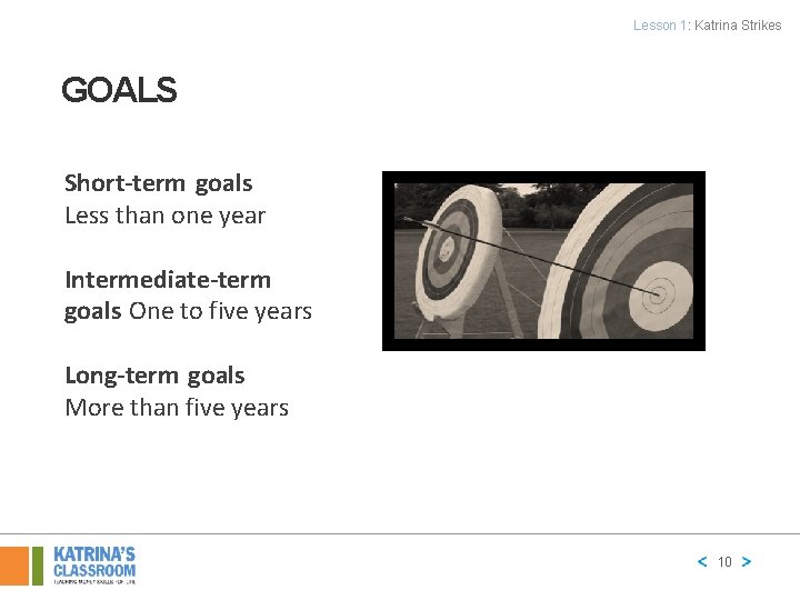 Lesson 1: Katrina Strikes GOALS Short-term goals Less than one year Intermediate-term goals One