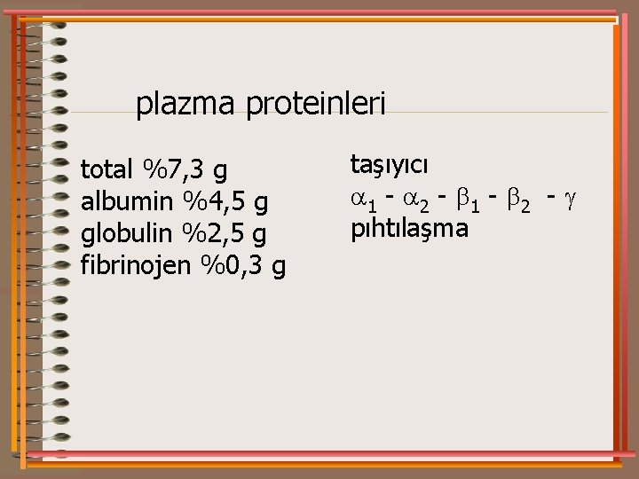 plazma proteinleri total %7, 3 g albumin %4, 5 g globulin %2, 5 g