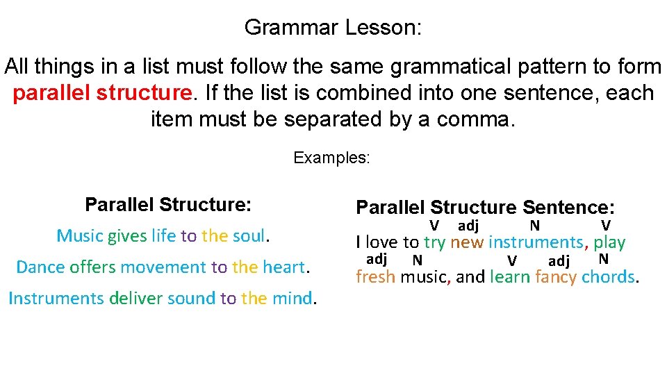 Grammar Lesson: All things in a list must follow the same grammatical pattern to